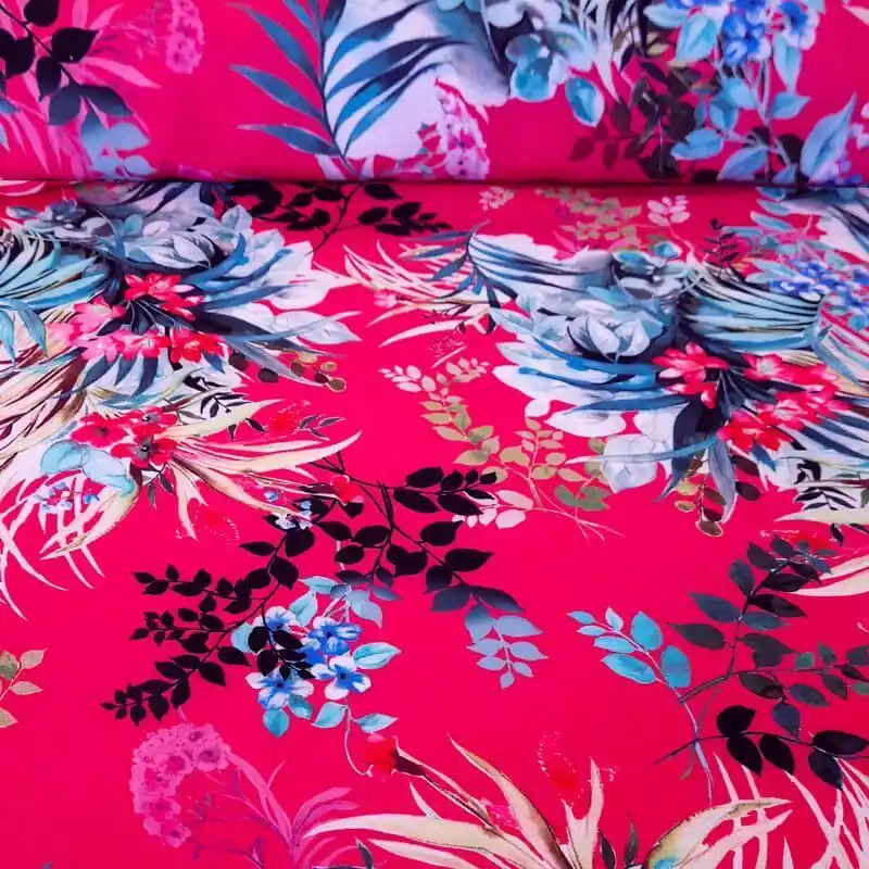 Tela de Crep Fino Fucsia Flores Hawaianas (ancho 1,50M) Última Versión