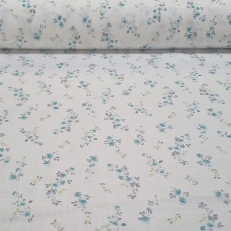 Tela de Popelín Blanca 100% Algodón Flores Turquesa (ancho 1,50M) Artesanal