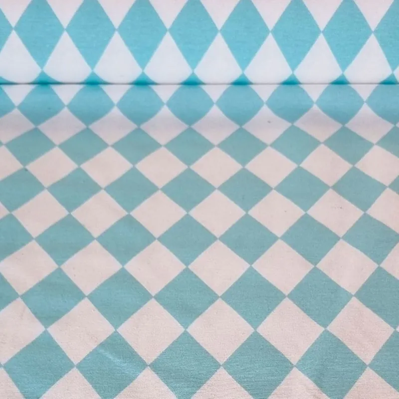 Tela de Loneta Blanca Estampada con Rombos Celestes (ancho 2,80M) Precio Bajo