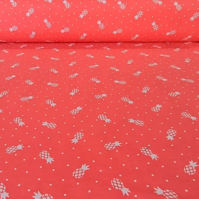 Tela de Loneta Fondo Coral con Estampado de Piñas y Lunares (ancho 2,80M) Gran Oferta