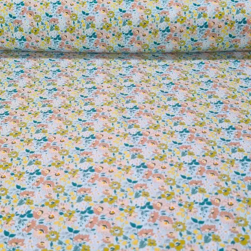 Tela de Popelín Verde Agua 100% Algodón Flores (ancho 1,50M) Rebajas