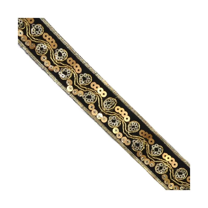 Tendencia Galón terciopelo con bordado y lentejuela oro 3cm - Multicolor Negro+Oro