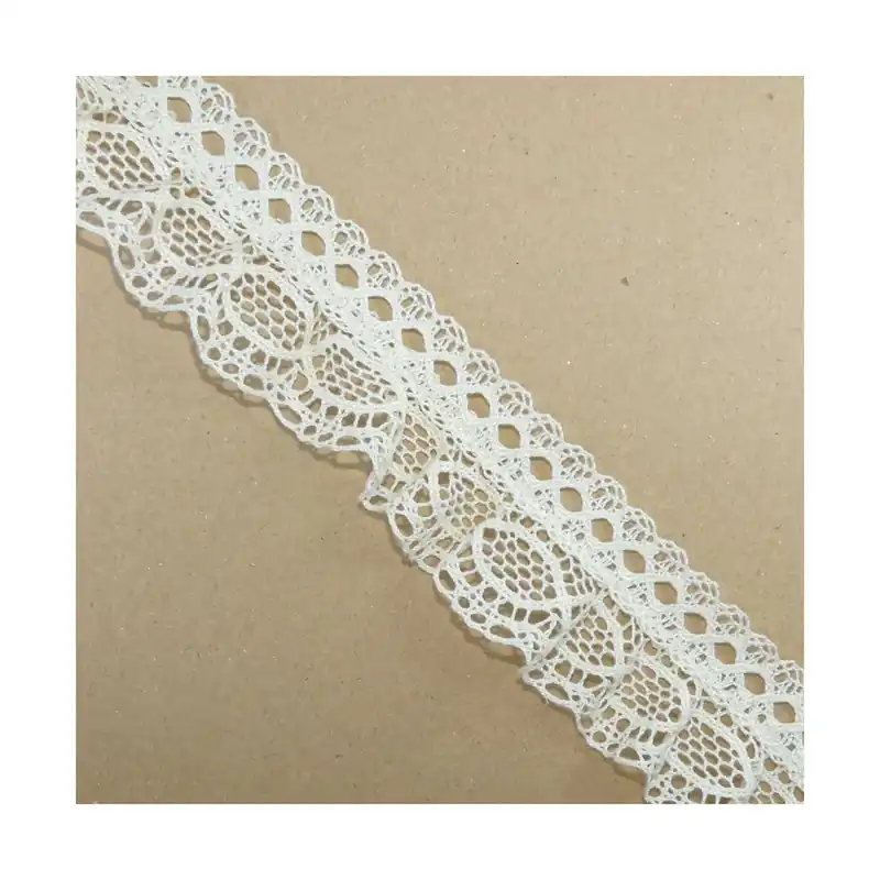 Puntilla fruncida algodón con pasacintas óvalos 45mm - Blanco Envío Inmediato