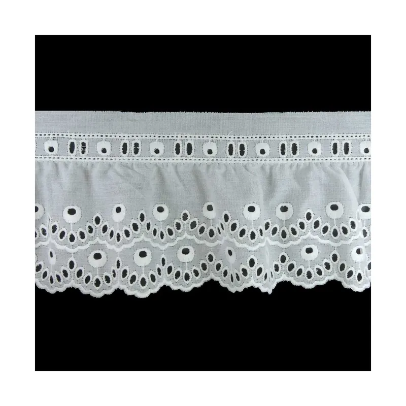 Tira bordada fruncida 85mm con pasacintas blanco. Geométrico - Blanco Envío Exprés