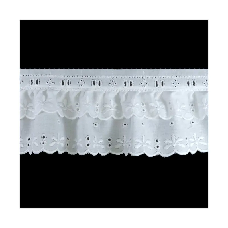 Tira bordada fruncida doble blanco 65mm. Pétalos - Blanco Mayoreo